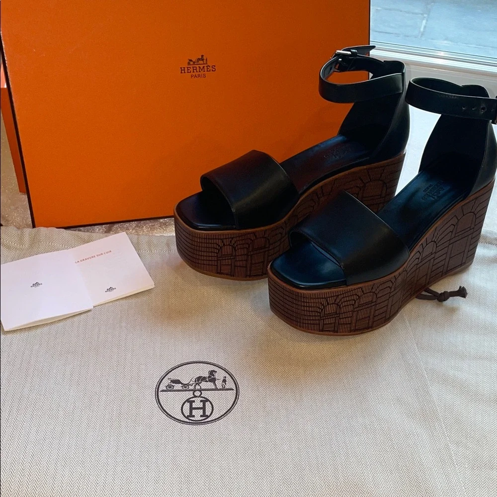 Hermes sandals femme illusion 35 Black Leather Ankle-Strap Platform Wedge - Picture 7 of 13